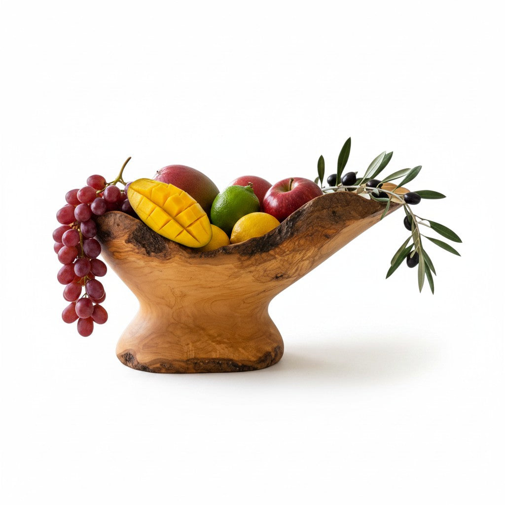 Handcrafted Olive Wood Pedestal Fruit Bowl (45x25x25) | Rustic Table Decor