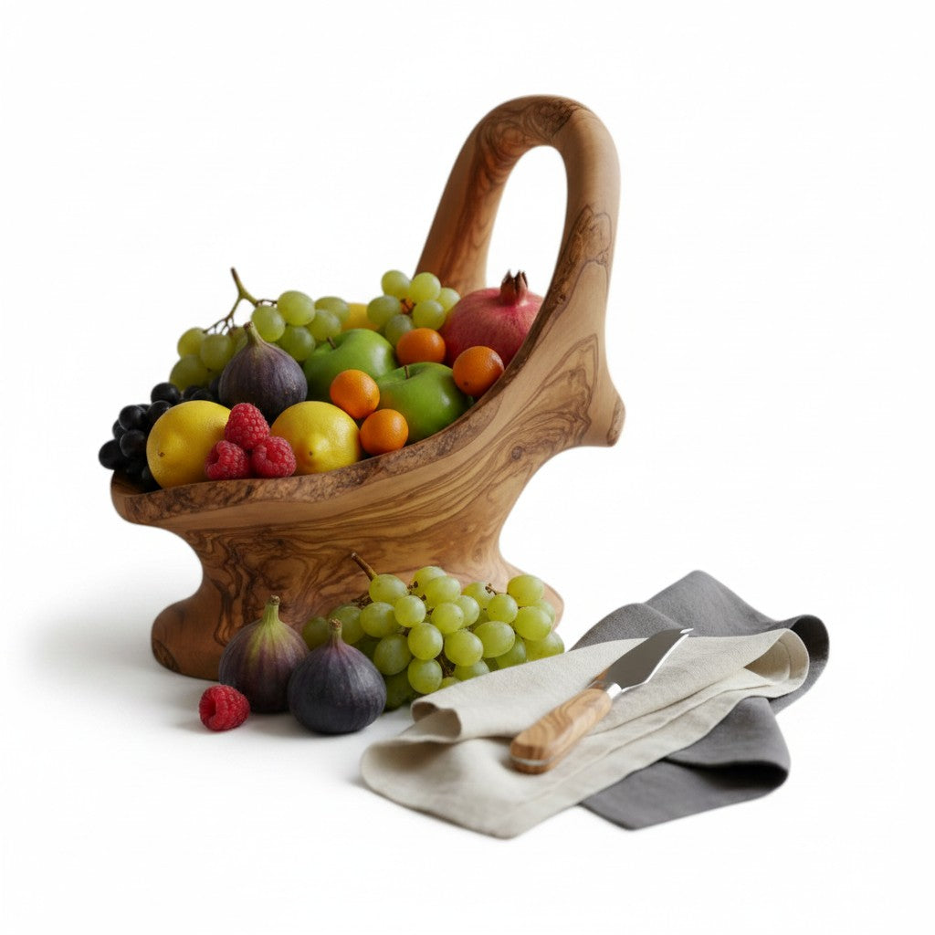 Handcrafted Olive Wood Pedestal Fruit Bowl (36x20x35) | Rustic Table Decor