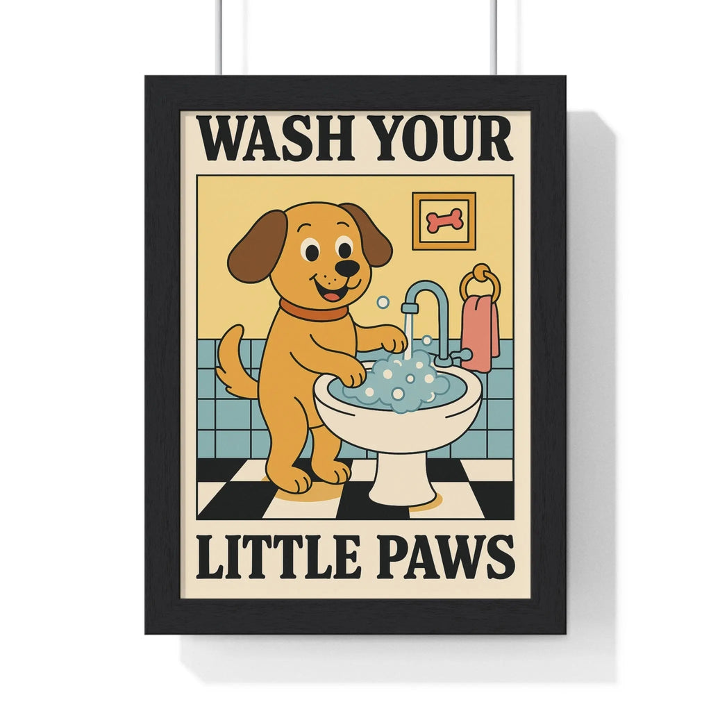 Cute Dog Bathroom Poster | Wash Your Paws Wall Art A3 Framed