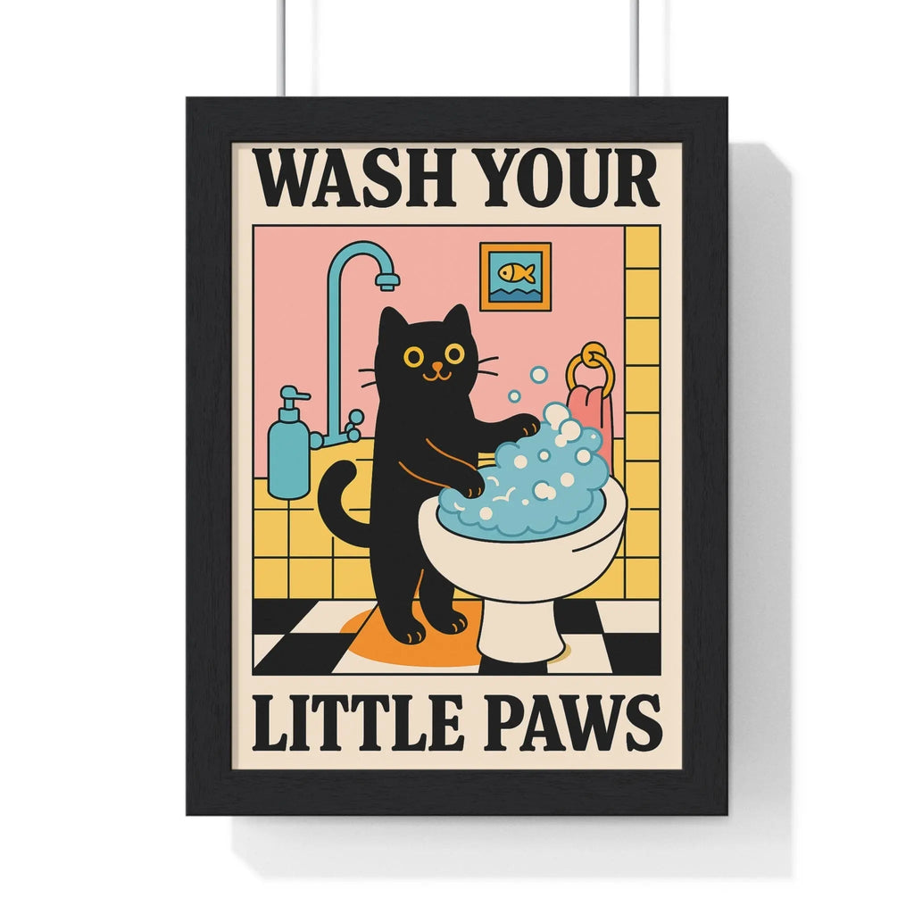 Funny Cat Bathroom Print – Wash Your Little Paws Wall Art A3 Framed