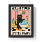 Funny Cat Bathroom Print – Wash Your Little Paws Wall Art A3 Framed