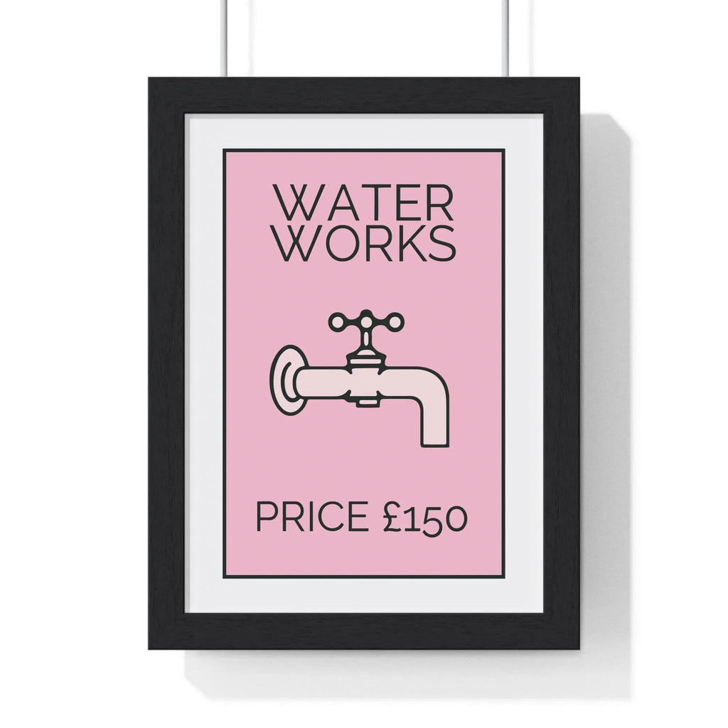 Pink Water Works Poster | Funny Monopoly-Inspired Bathroom Print A3 Framed