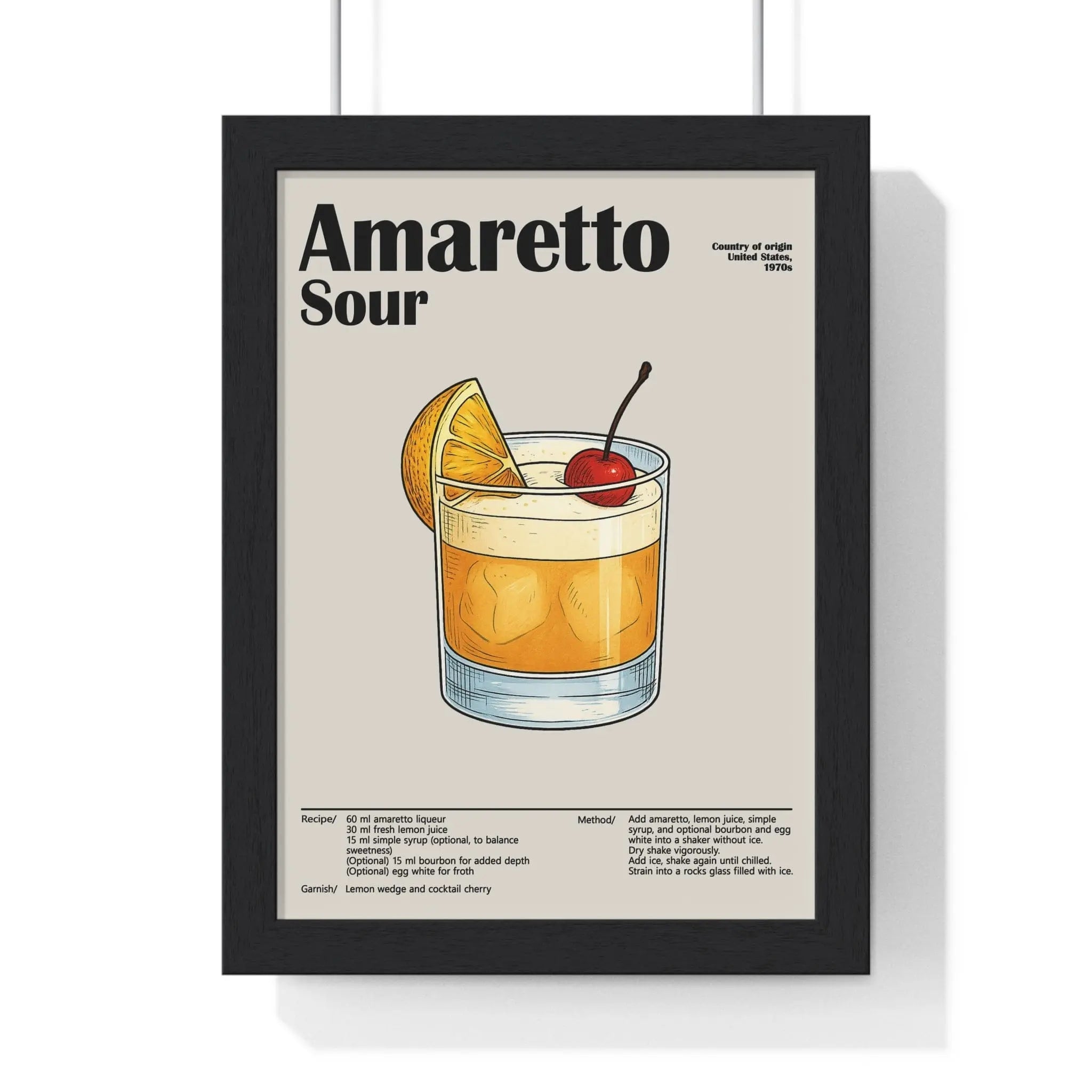 Amaretto Sour Cocktail Poster – Classic Bar Drink Wall Art – Framed or Unframed A3 Framed