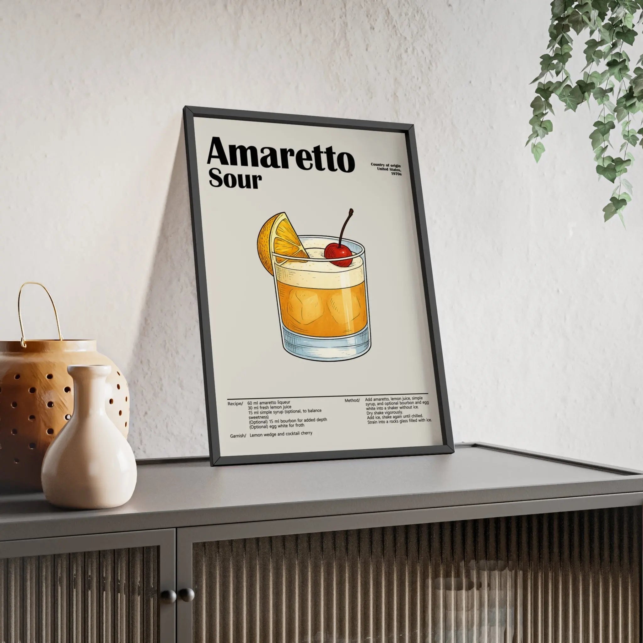Amaretto Sour Cocktail Poster – Classic Bar Drink Wall Art – Framed or Unframed