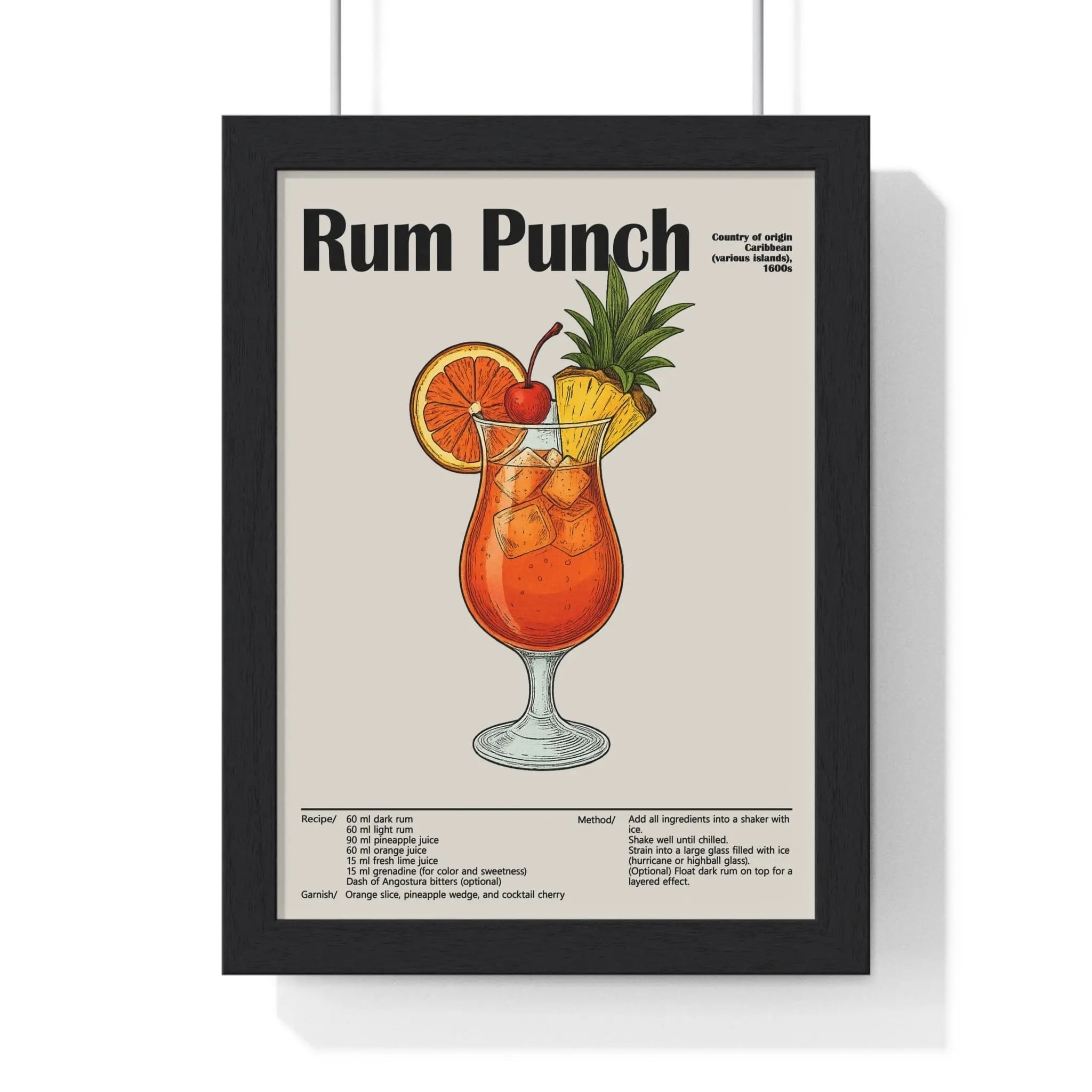 Rum Punch Cocktail Poster – Caribbean Classic Drink Art – Framed or Unframed A3 Framed