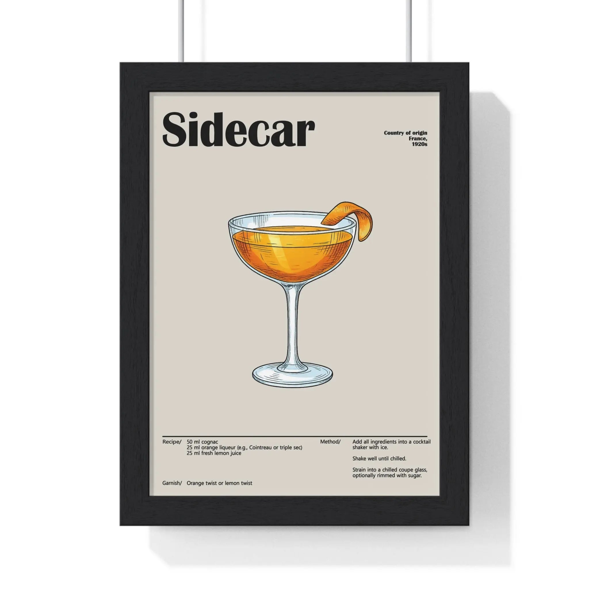 Sidecar Cocktail Poster – Classic Cognac Drink Wall Art – Framed or Unframed A3 Framed