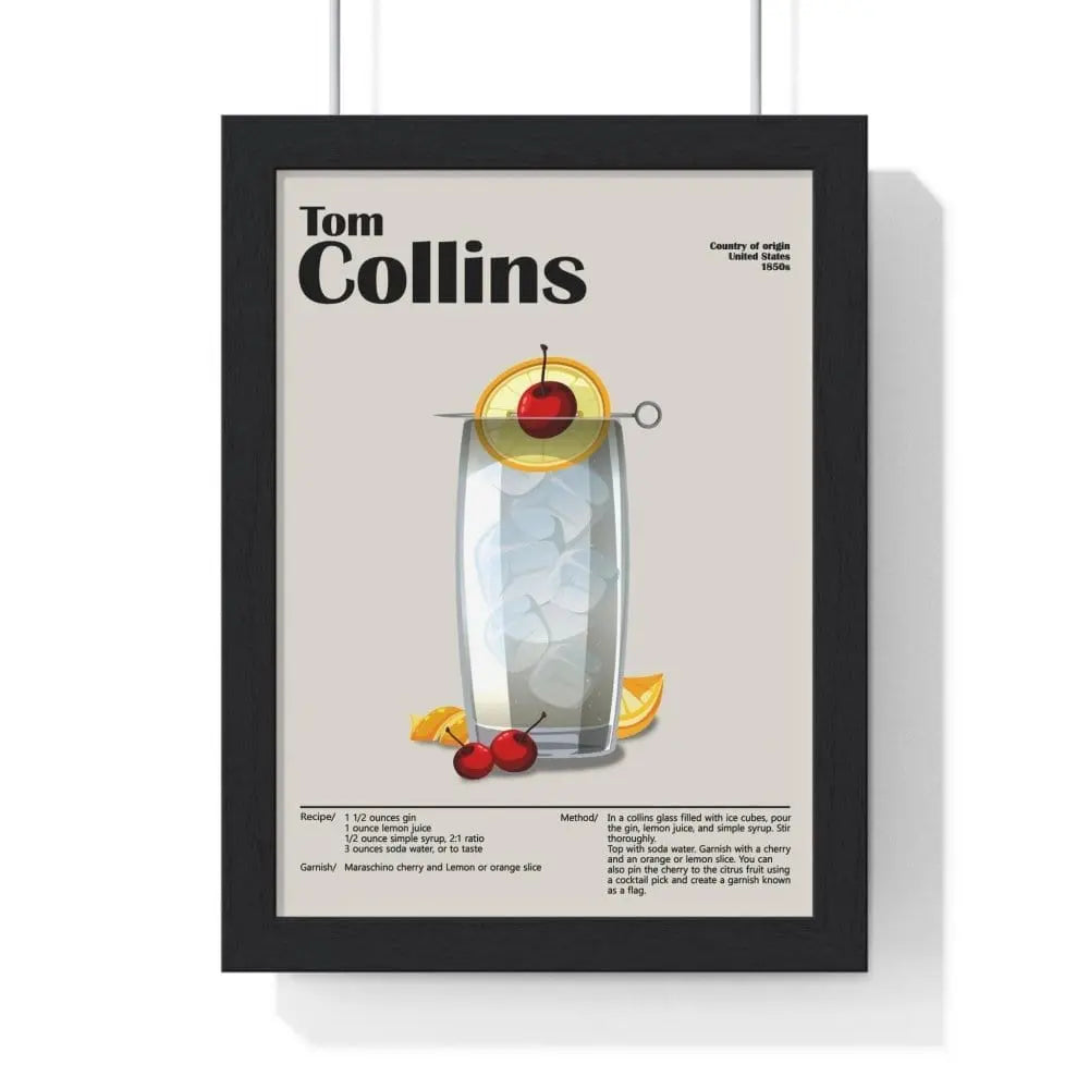 Tom Collins Cocktail Poster – Classic Drink Wall Art – Bar Decor Print A3 Framed