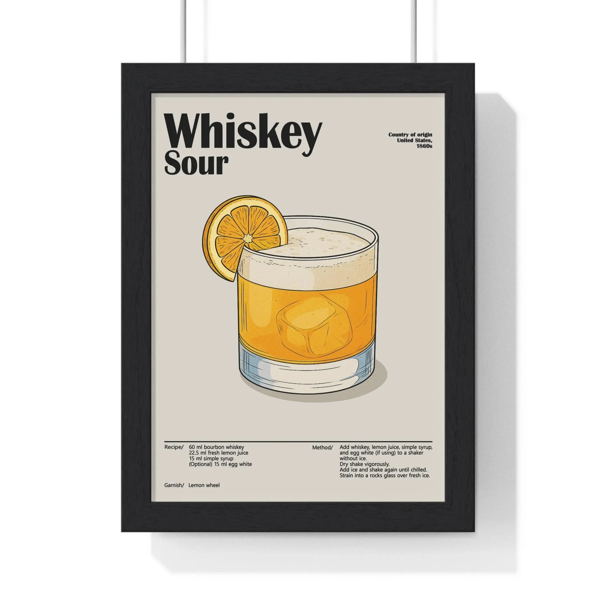 Whiskey Sour Cocktail Poster – Classic Whiskey Wall Art – Framed or Unframed A3 Framed