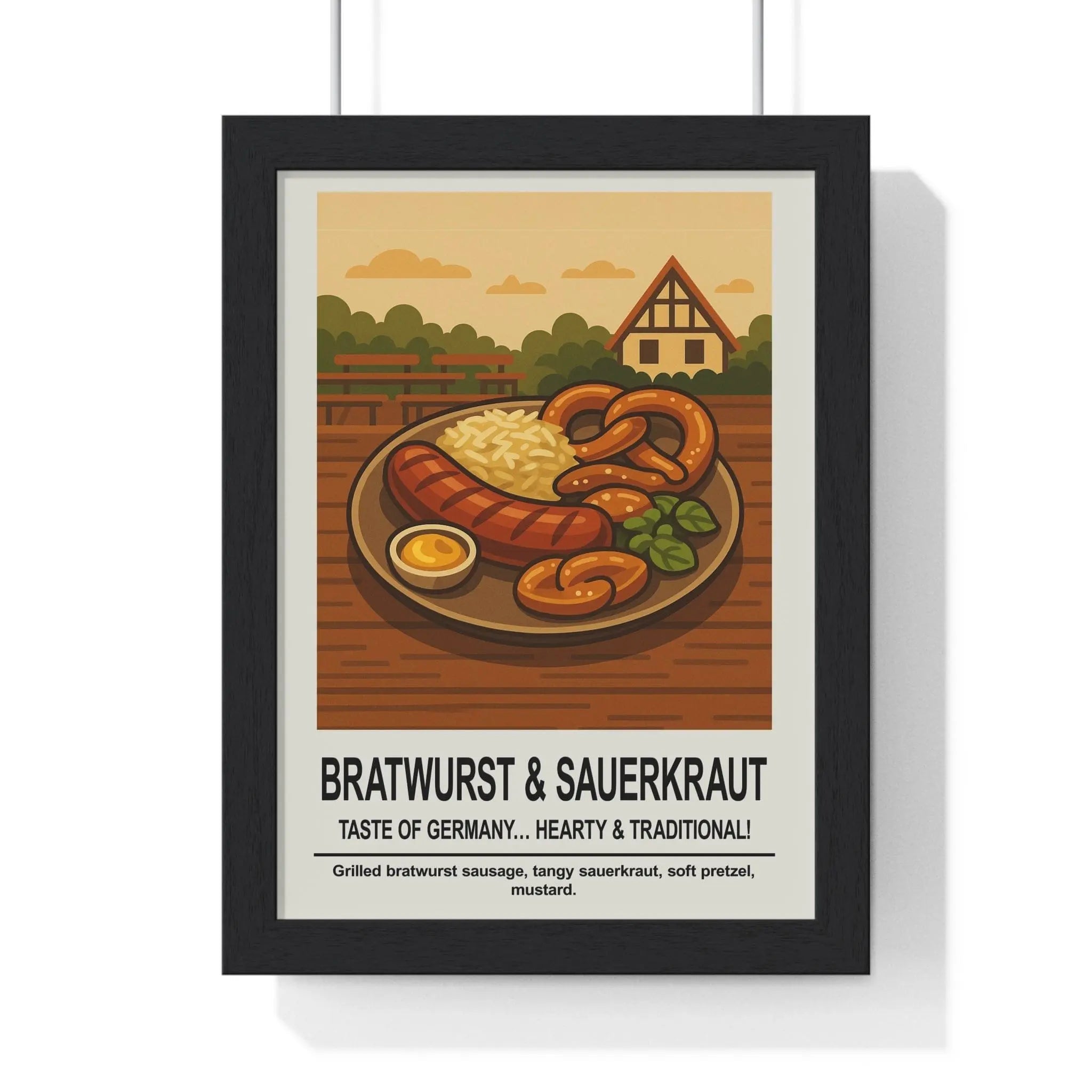 Bratwurst & Sauerkraut Kitchen Wall Art – German Food Poster Print A3 Framed