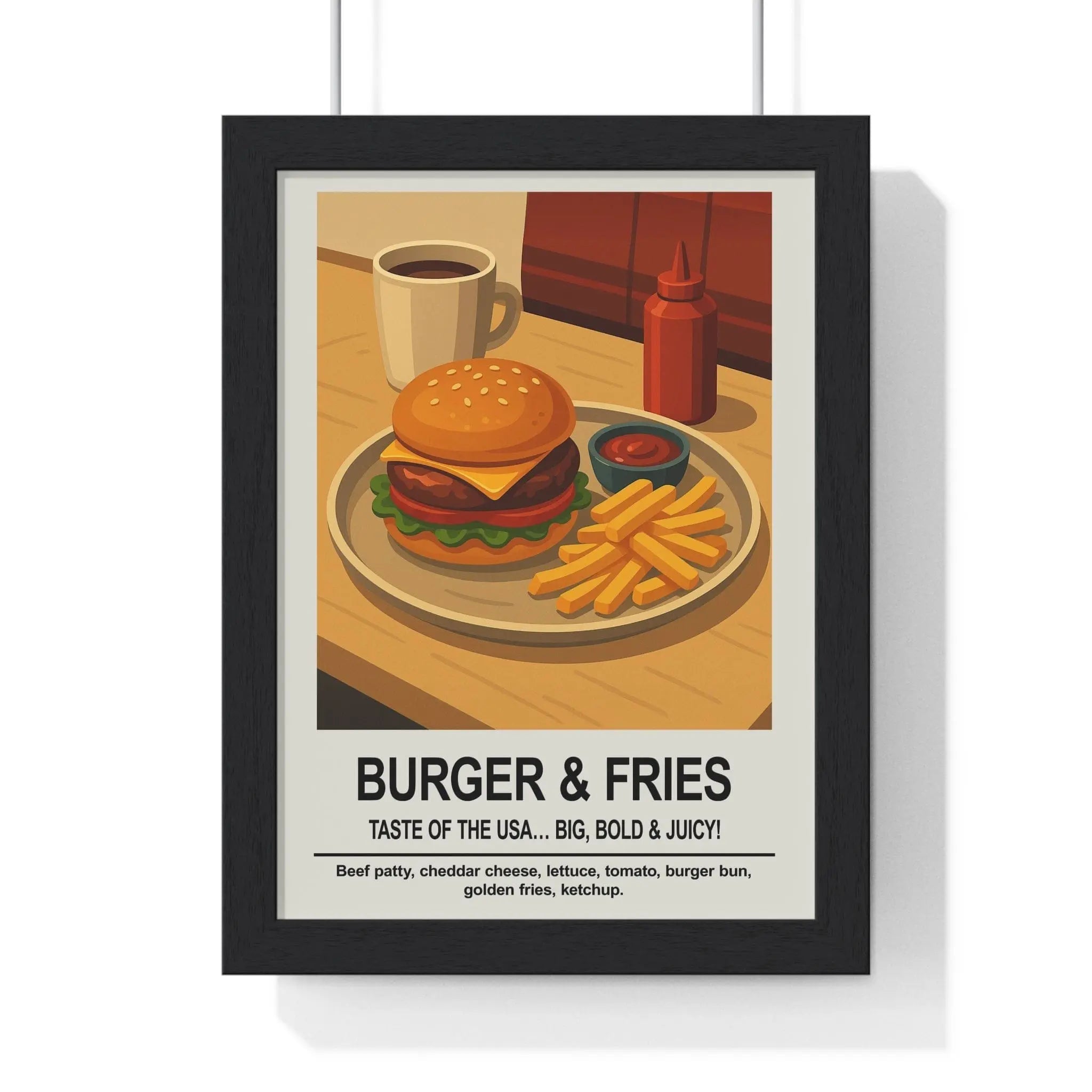 Burger & Fries Wall Art – American Diner Kitchen Print A3 Framed