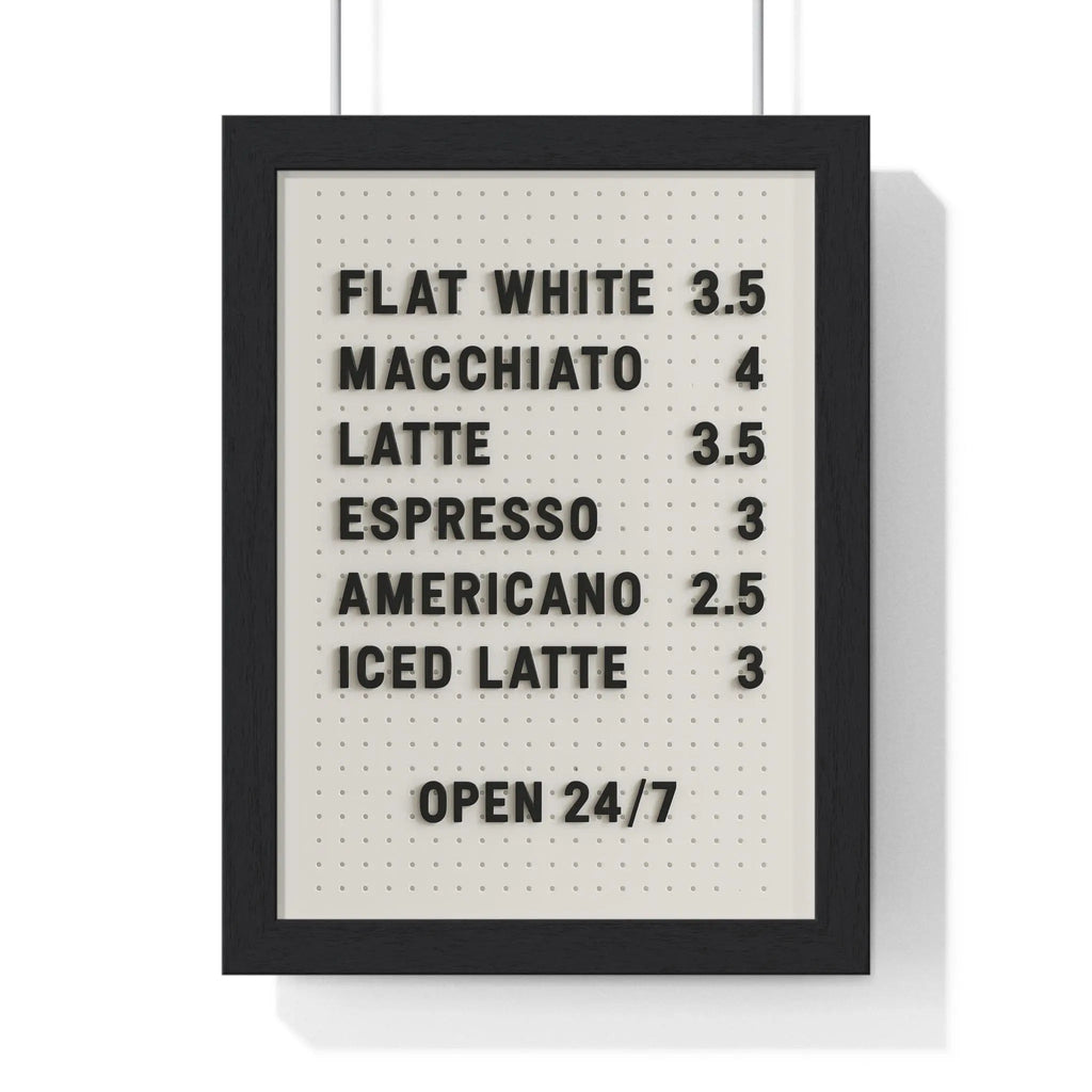 Coffee Menu Wall Art – Minimalist Kitchen Poster A3 Framed