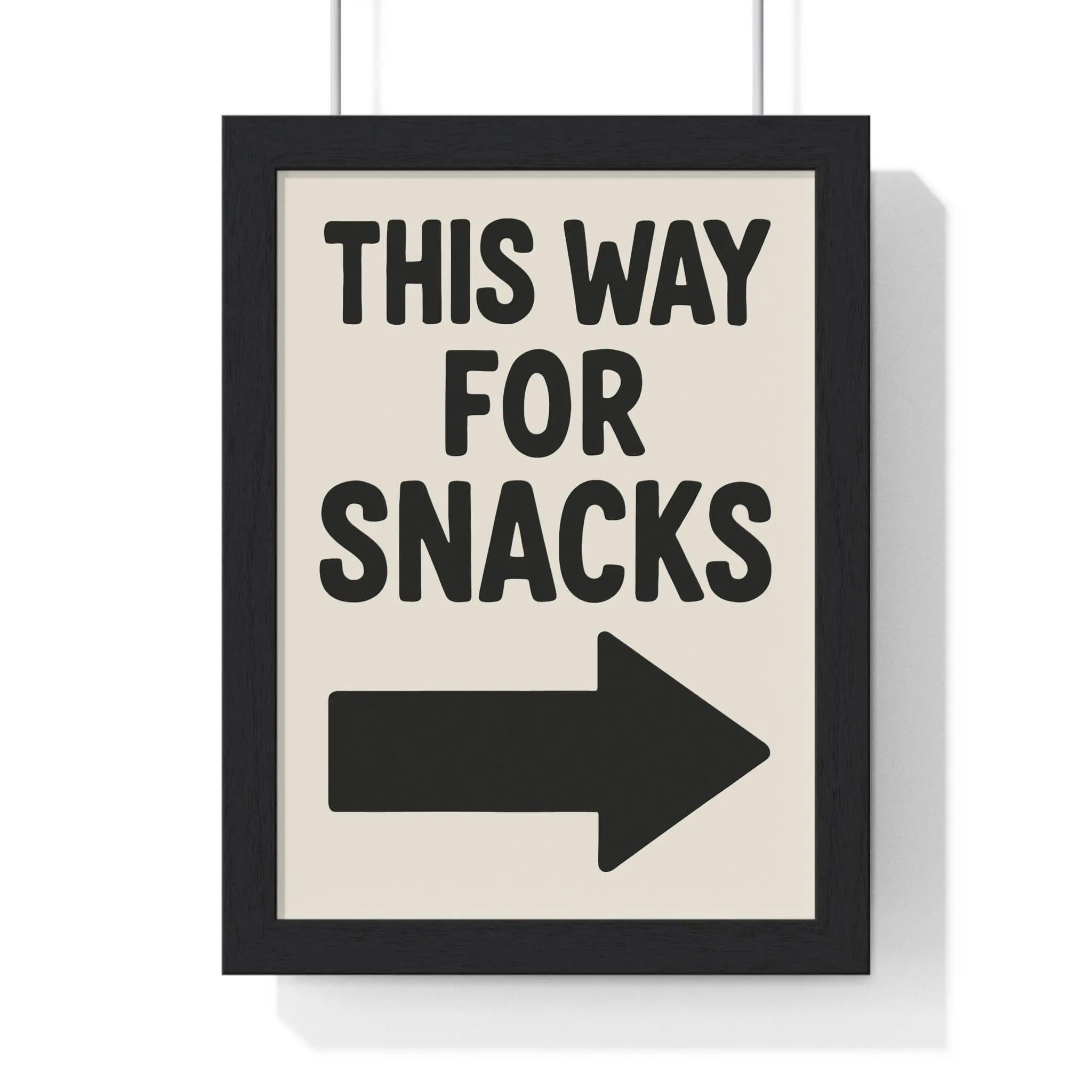 Funny Kitchen Poster – This Way For Snacks Arrow Print – Bold Wall Art A3 Framed