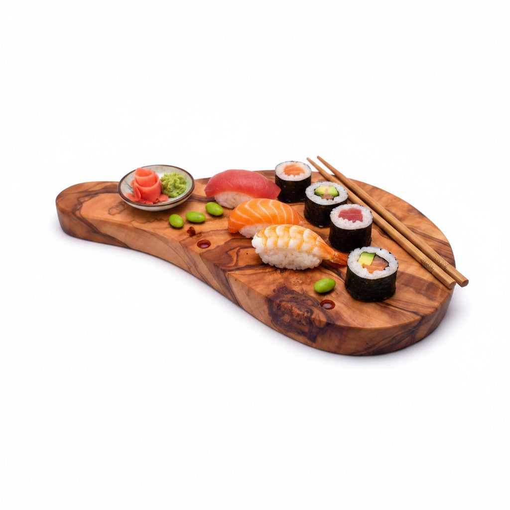 23cm Premium Olive Wood Sushi Board – Artisan Handcrafted Nigiri & Sashimi Serving Platter – Small Live Edge Charcuterie & Appetizer Tray