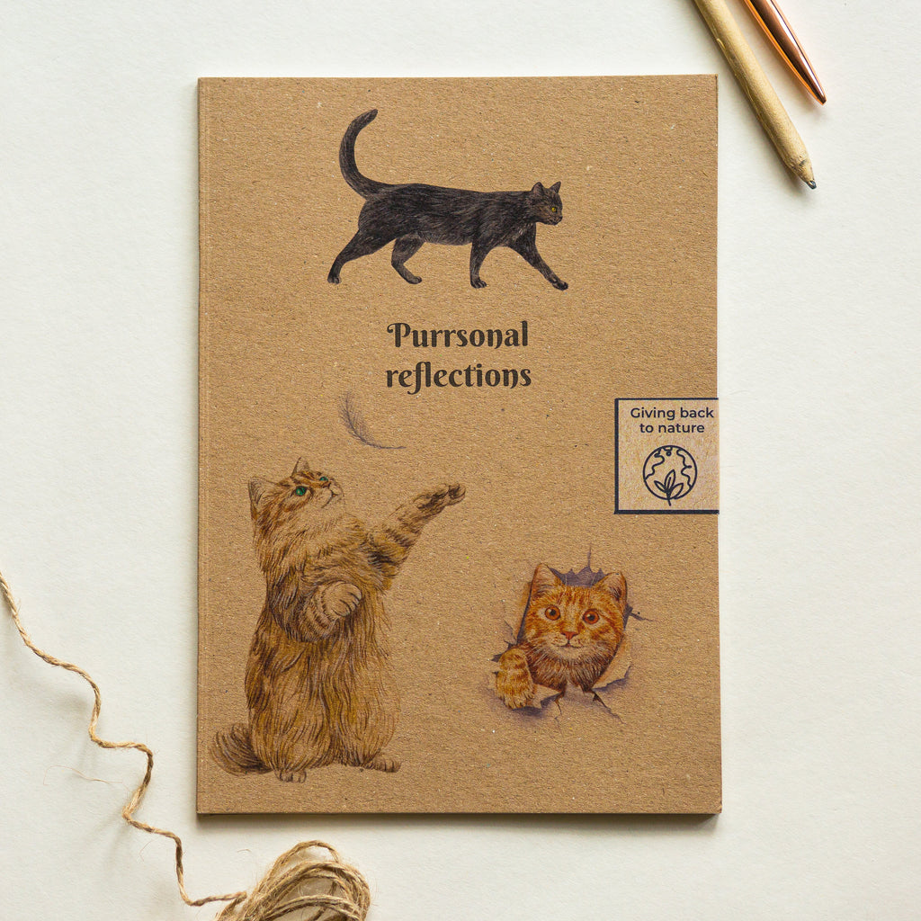 100% Recycled Paper Notebook with Illustrated Cover 'Purrsonal reflections' Cats Notebook & Journal