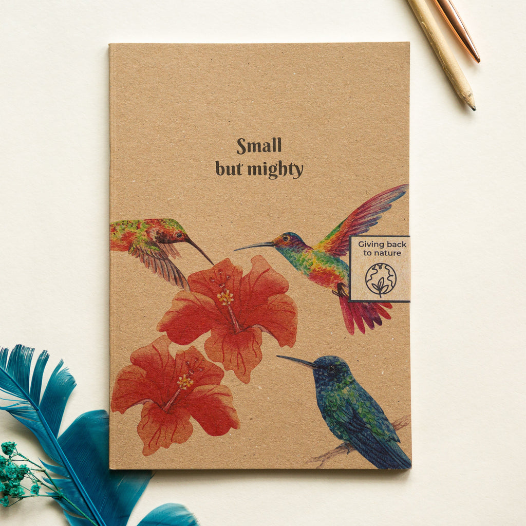 100% Recycled Paper Notebook with Illustrated Cover 'Small but mighty' Hummingbirds & Flowers Notebook