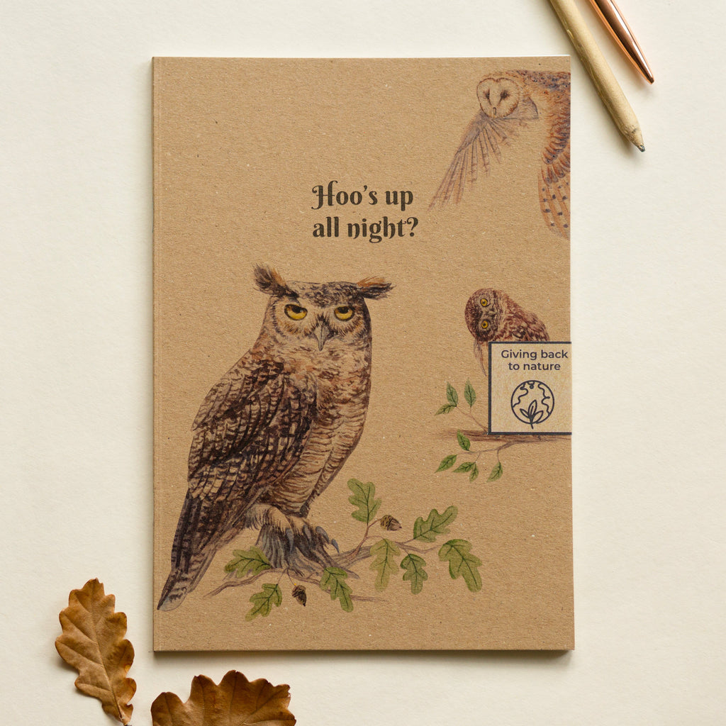 100% Recycled Paper Notebook with Illustrated Cover 'Hoo's up all night?' Funny Owls Notebook