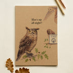 100% Recycled Paper Notebook with Illustrated Cover 'Hoo's up all night?' Funny Owls Notebook