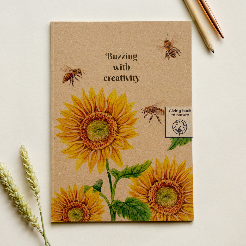 100% Recycled Paper Notebook with Illustrated Cover 'Buzzing with creativity' Sunflowers & Bees Notebook