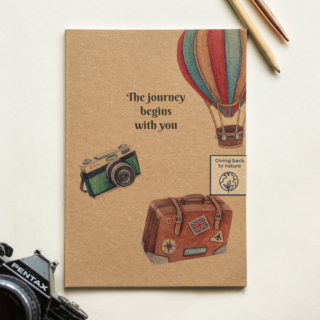 100% Recycled Paper Notebook with Illustrated Cover 'The journey begins with you' Vintage Travel Notebook & Journal