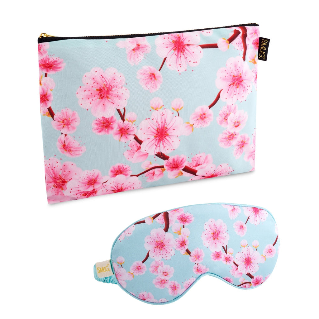 Satin Sleep Mask & Accessories Bag Set - Various Prints Cherry Blossom