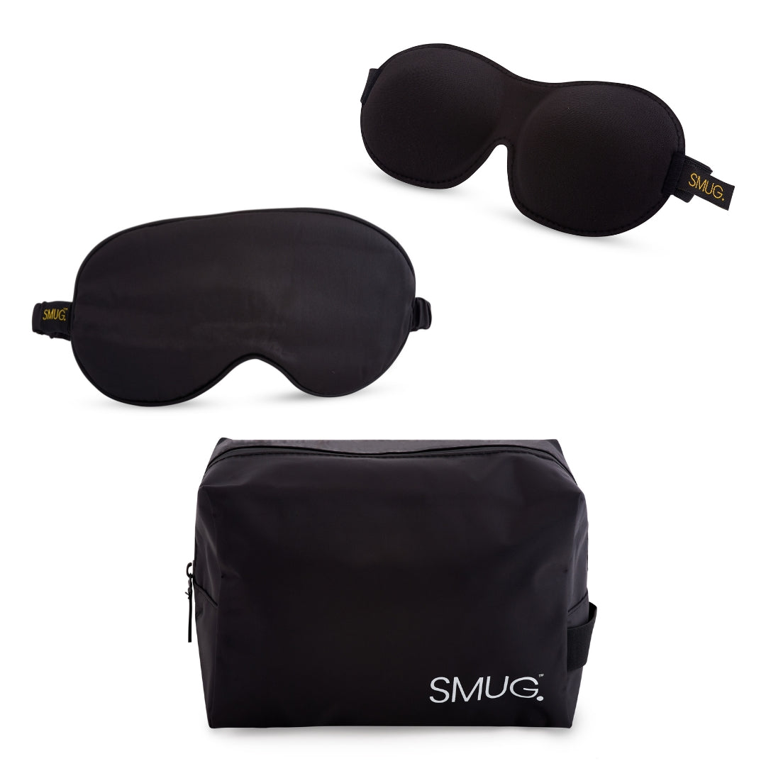Contoured & Satin Sleep Mask Double Pack & Wash Bag Set- Various Prints Black