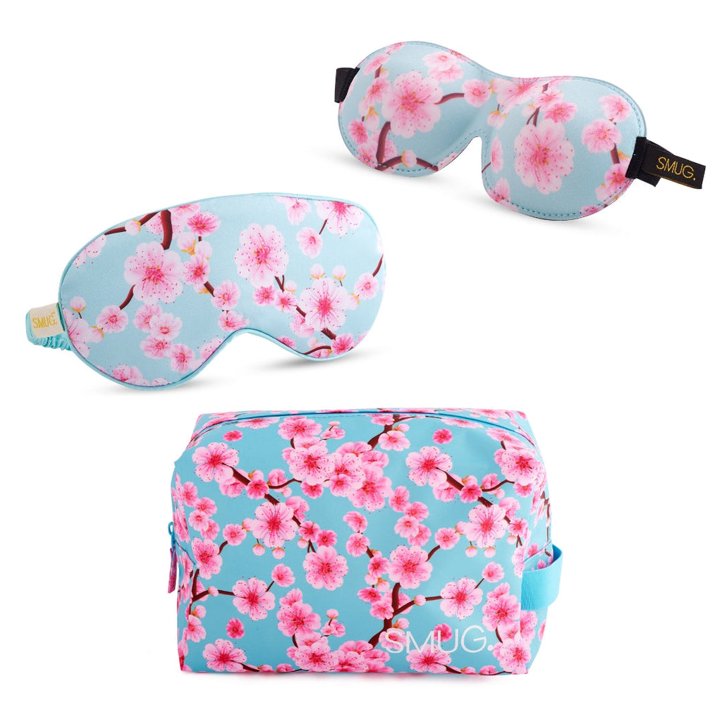 Contoured & Satin Sleep Mask Double Pack & Wash Bag Set- Various Prints Cherry Blossom