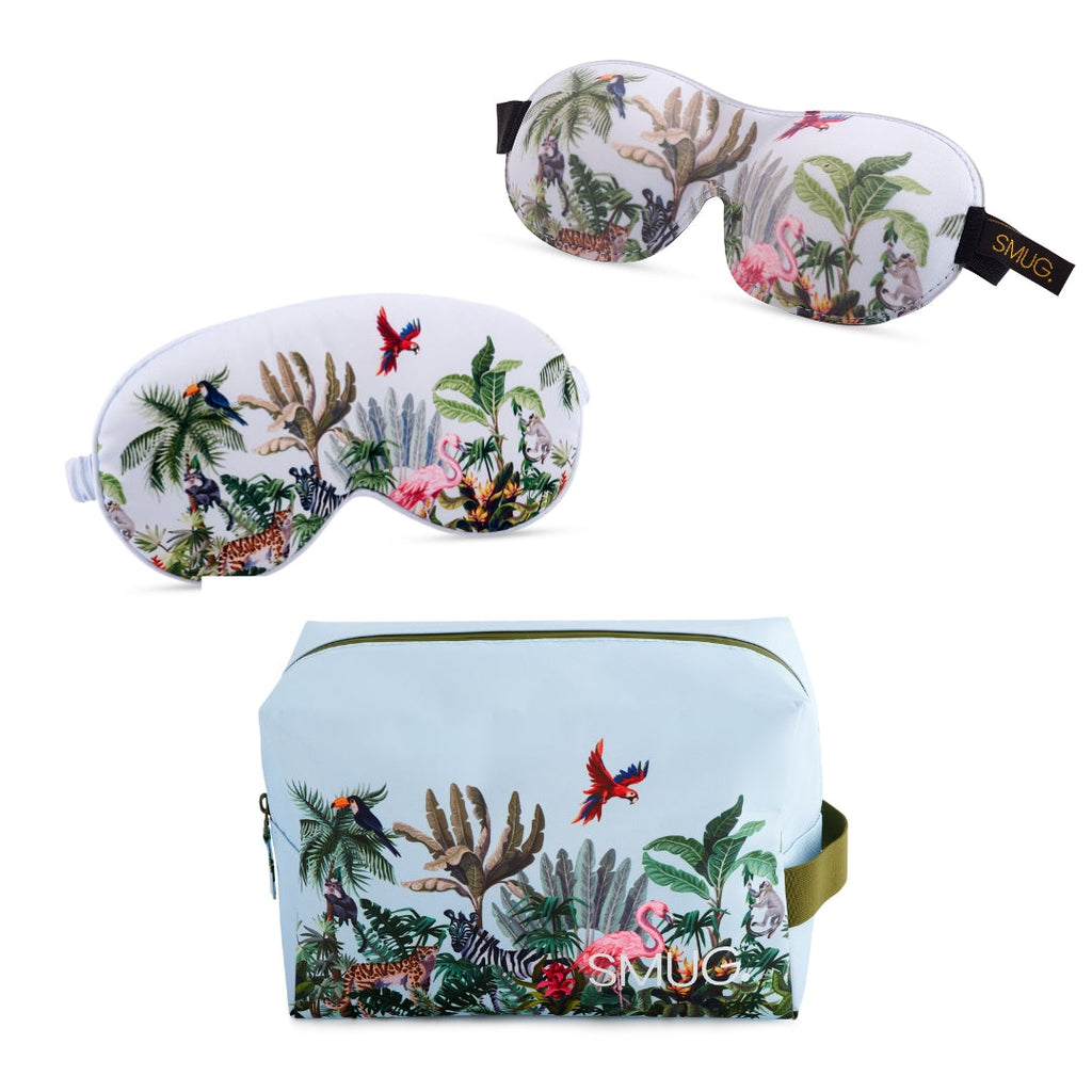 Contoured & Satin Sleep Mask Double Pack & Wash Bag Set- Various Prints Jungle