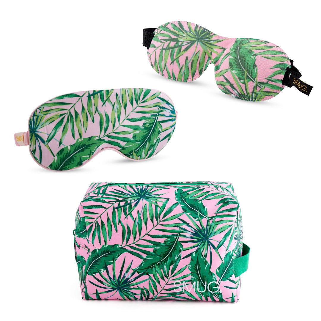 Contoured & Satin Sleep Mask Double Pack & Wash Bag Set- Various Prints Palm