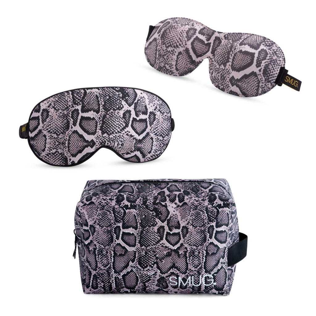 Contoured & Satin Sleep Mask Double Pack & Wash Bag Set- Various Prints Snake