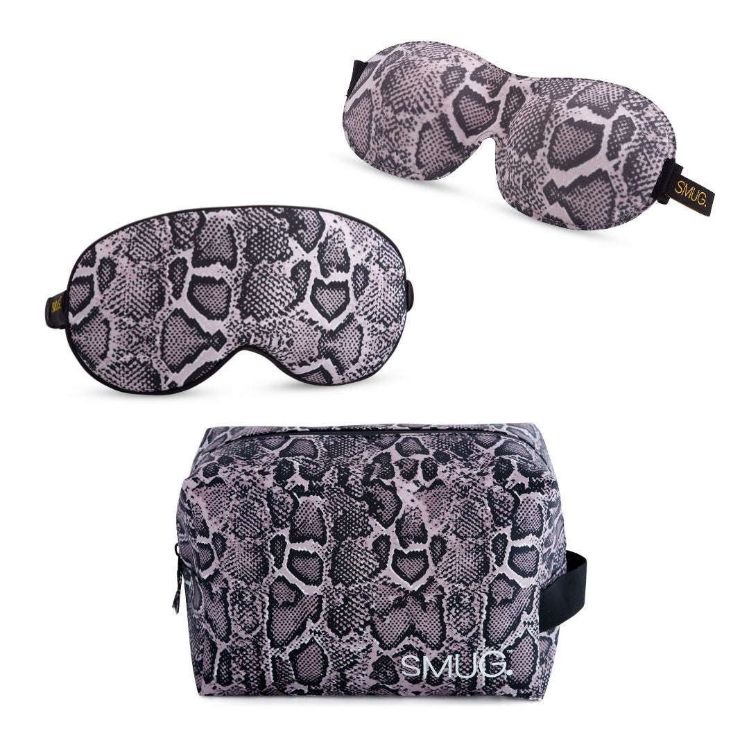Contoured & Satin Sleep Mask Double Pack & Wash Bag Set- Various Prints Snake