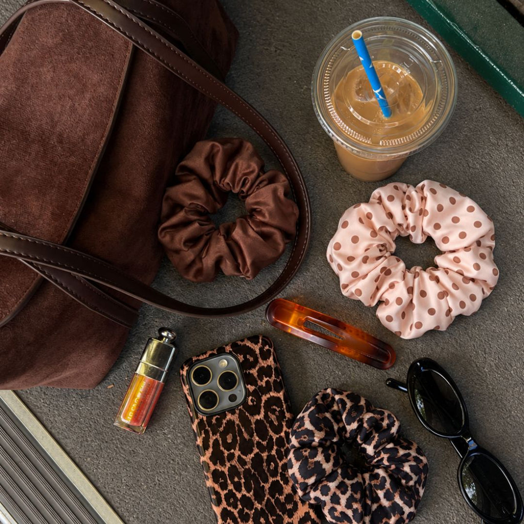 Cloud Satin Hair Scrunchie Set (set of 3) - Chocolate Leopard Polka Dot