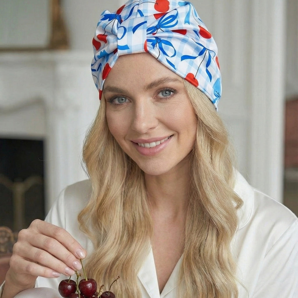 Satin Sleep Turban, Blue Cherries