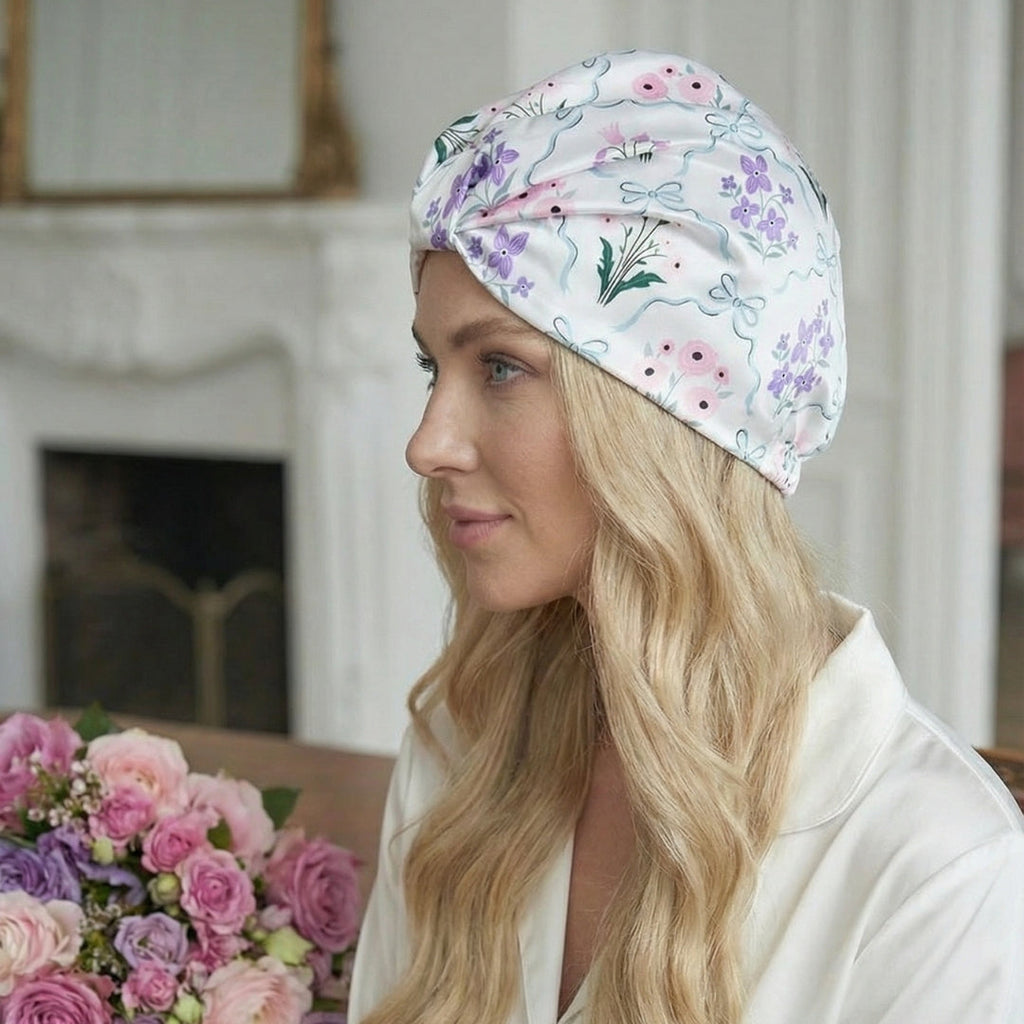 Satin Sleep Turban, Blue Ribbon Bloom
