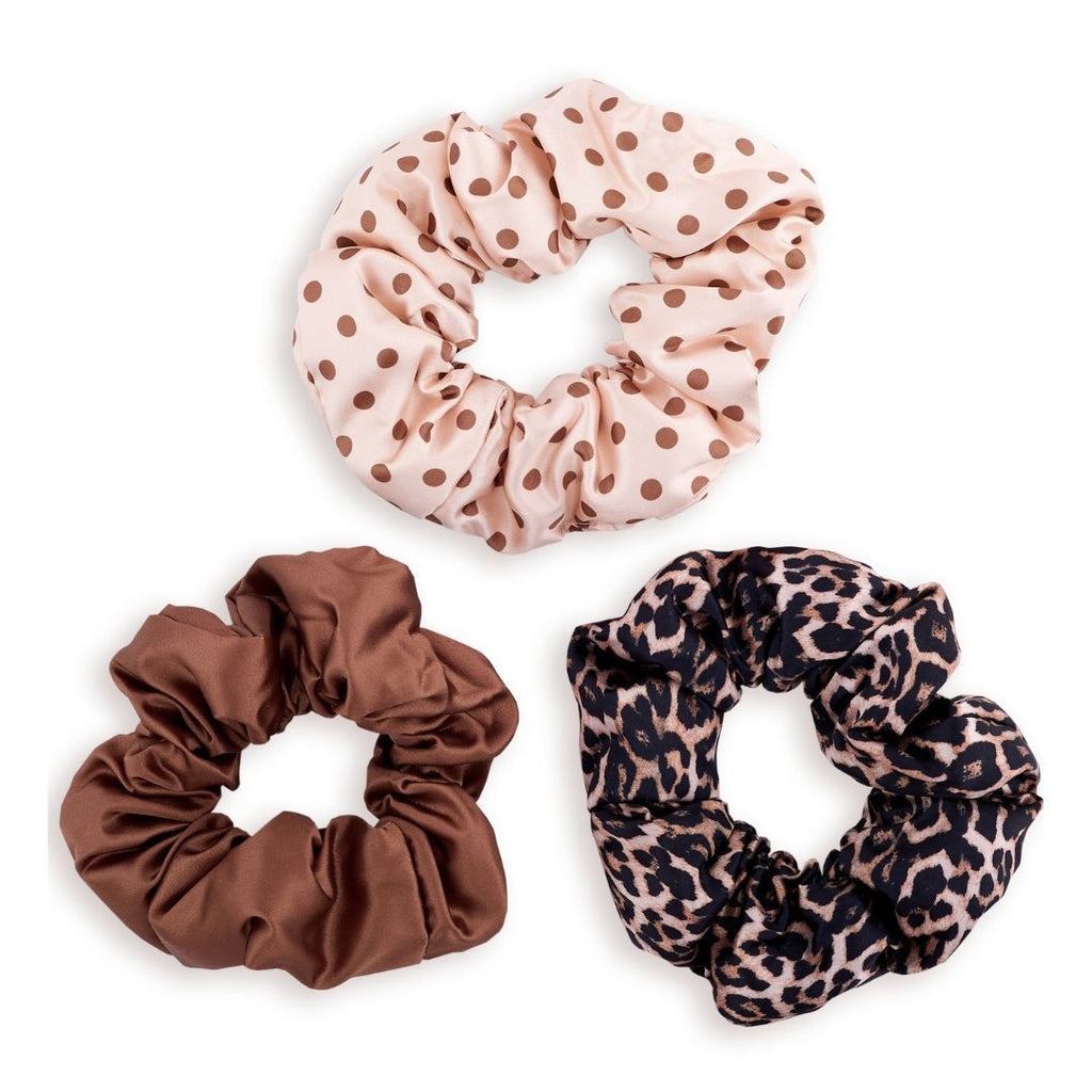 Cloud Satin Hair Scrunchie Set (set of 3) - Chocolate Leopard Polka Dot