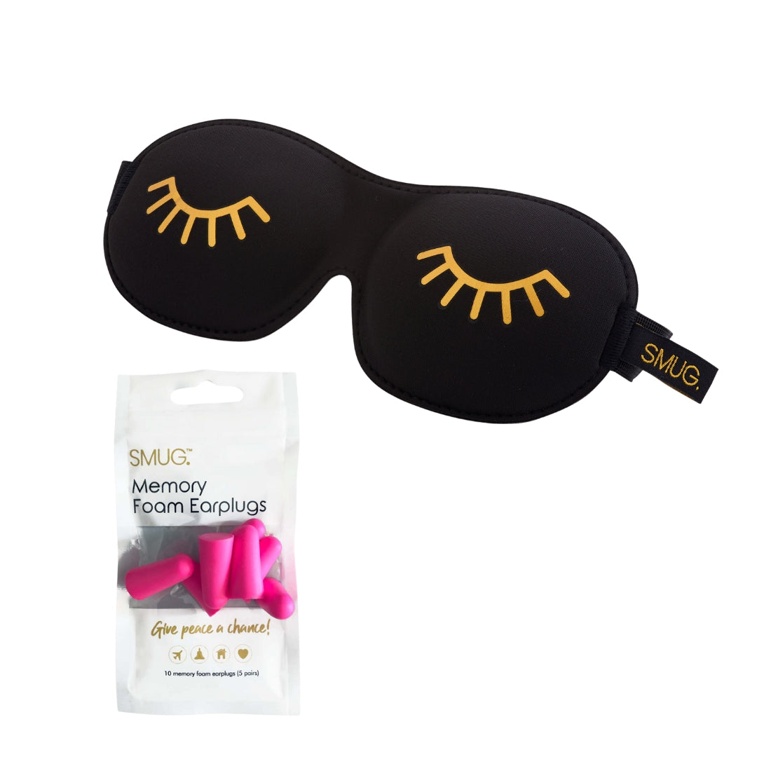 Contoured 3D Blackout Sleep Mask - Wink Print, Black Sleep Mask & Pink Earplugs