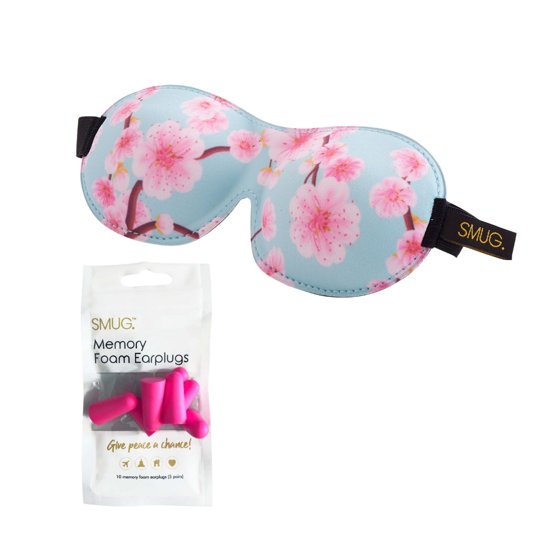 Contoured 3D Blackout Sleep Mask - Cherry Blossom Print Sleep Mask & Pink Earplugs