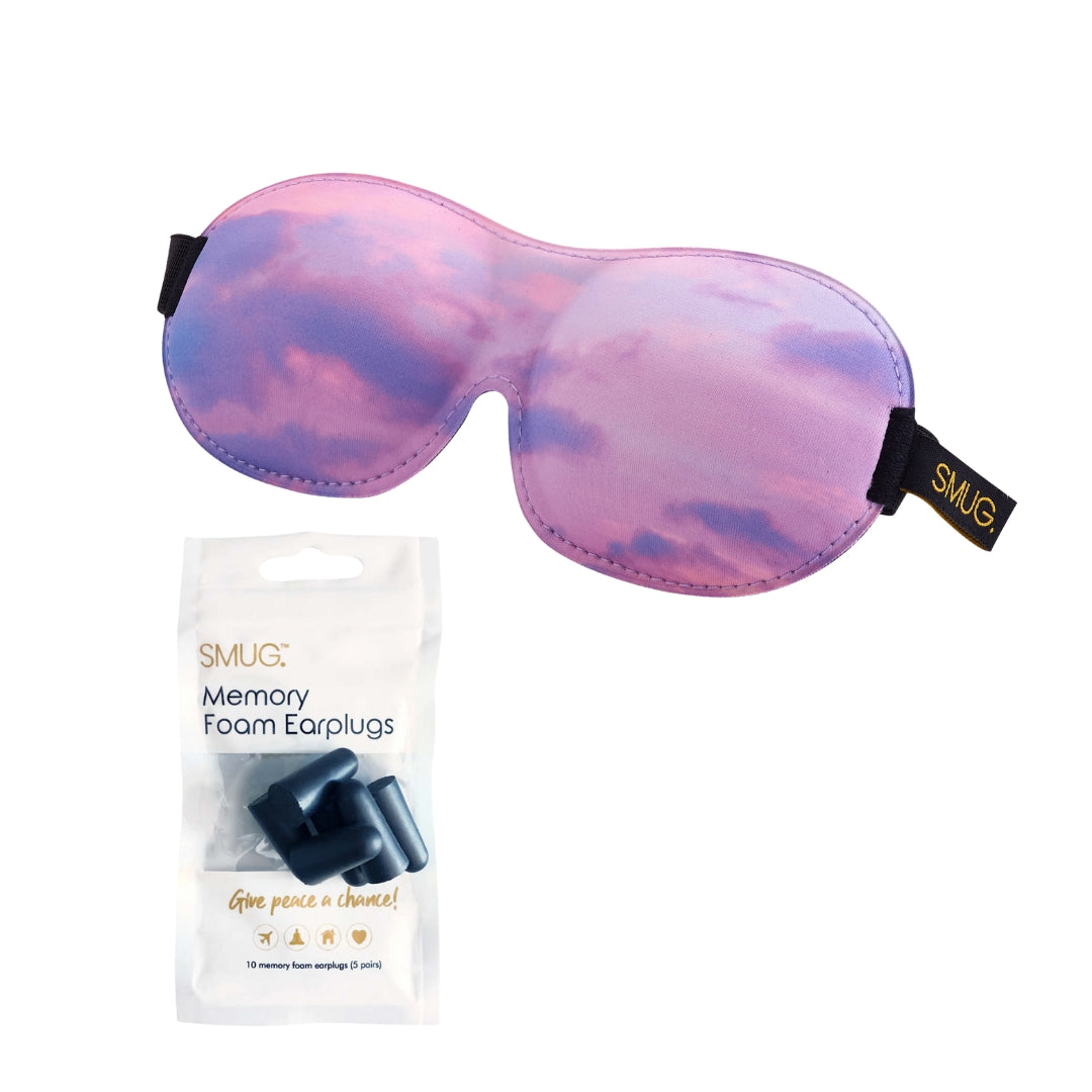 Contoured 3D Blackout Sleep Mask - Cloudy Sky Sleep Mask & Pink Earplugs