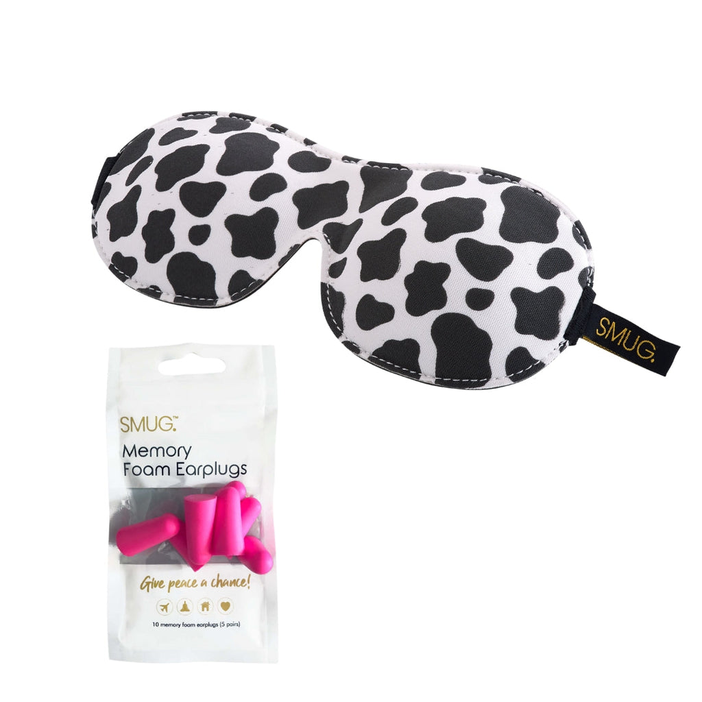 Contoured 3D Blackout Sleep Mask - Cow Print Sleep Mask & Pink Earplugs
