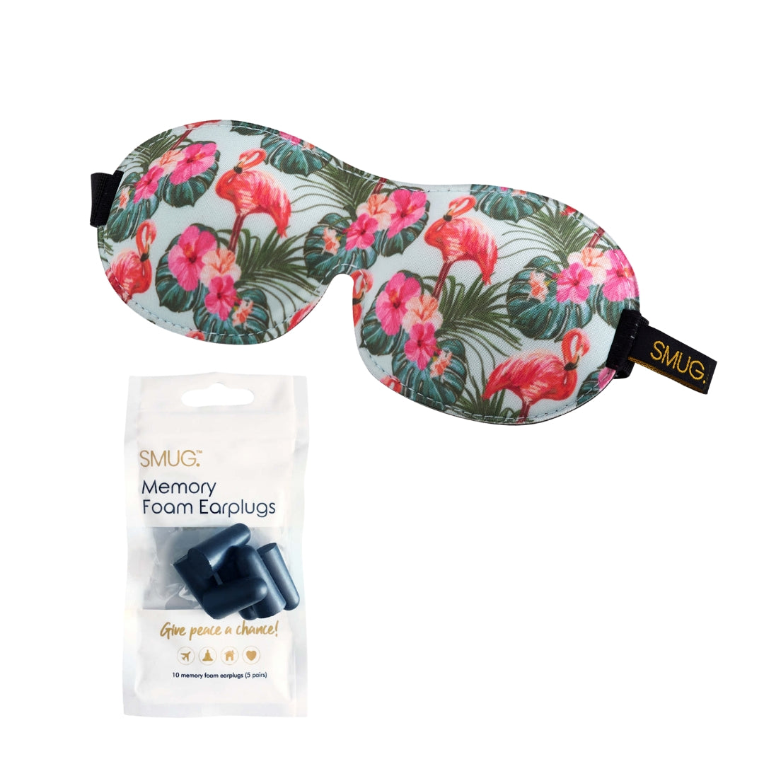 Contoured 3D Blackout Sleep Mask - Flamingo Print Sleep Mask & Black Earplugs