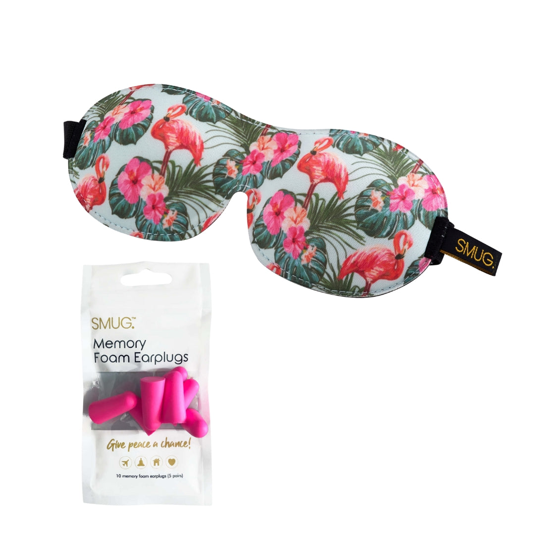 Contoured 3D Blackout Sleep Mask - Flamingo Print Sleep Mask & Pink Earplugs