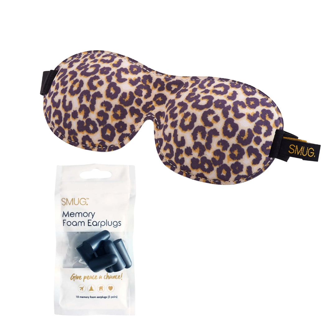 Contoured 3D Blackout Sleep Mask - Leopard Print Sleep Mask & Black Earplugs