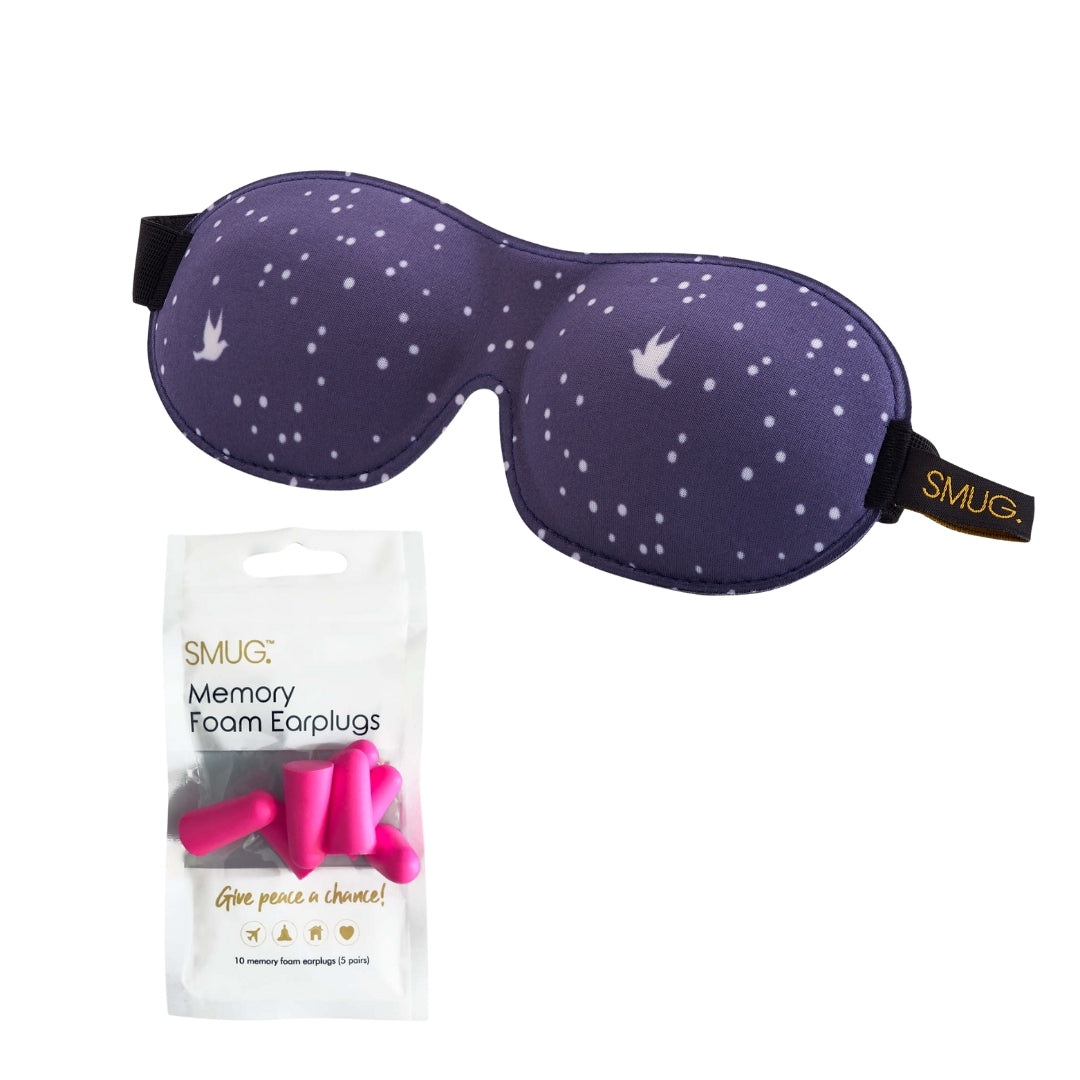 Contoured 3D Blackout Sleep Mask - Night Sky Print Sleep Mask & Pink Earplugs