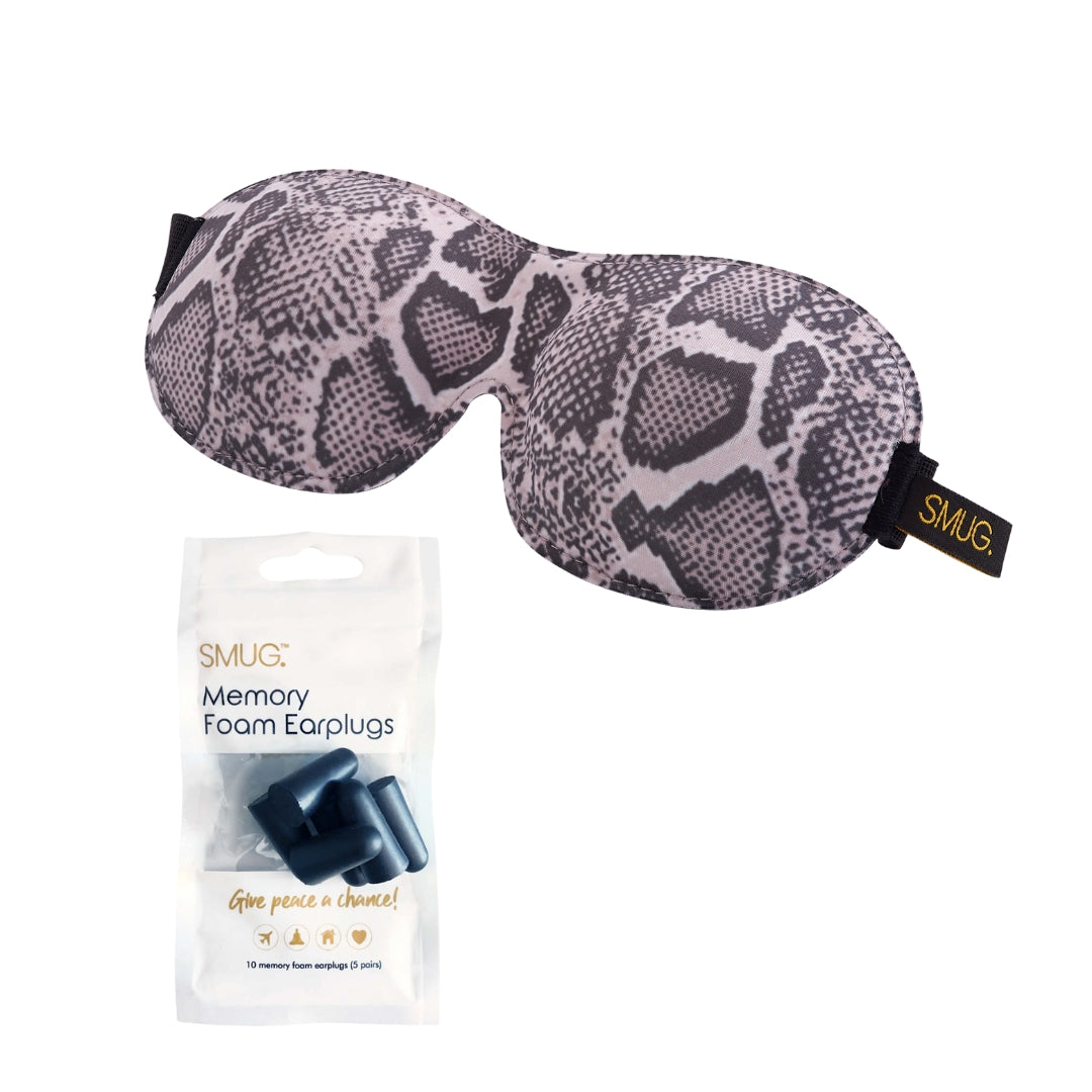 Contoured 3D Blackout Sleep Mask - Snake Print Sleep Mask & Black Earplugs