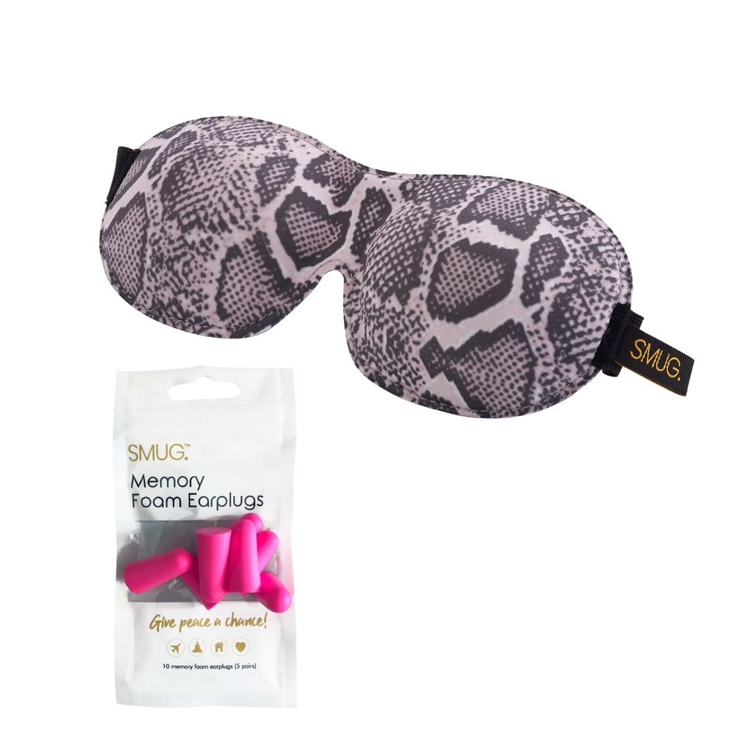 Contoured 3D Blackout Sleep Mask - Snake Print Sleep Mask & Pink Earplugs