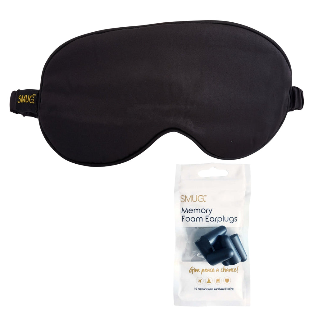 Satin Sleep Mask - Black Sleep Mask & Black Earplugs