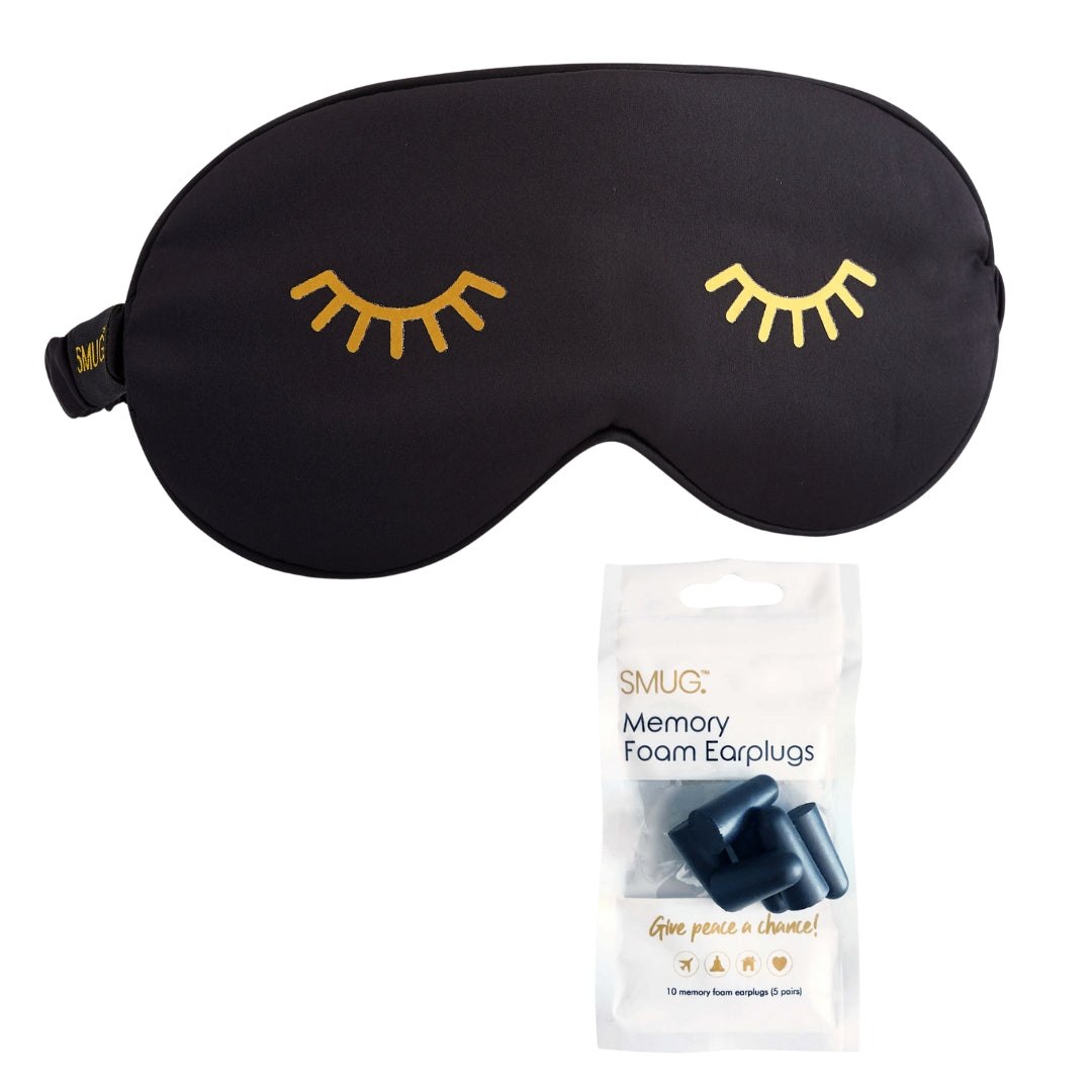 Satin Sleep Mask - Wink Print, Black Sleep Mask & Black Earplugs