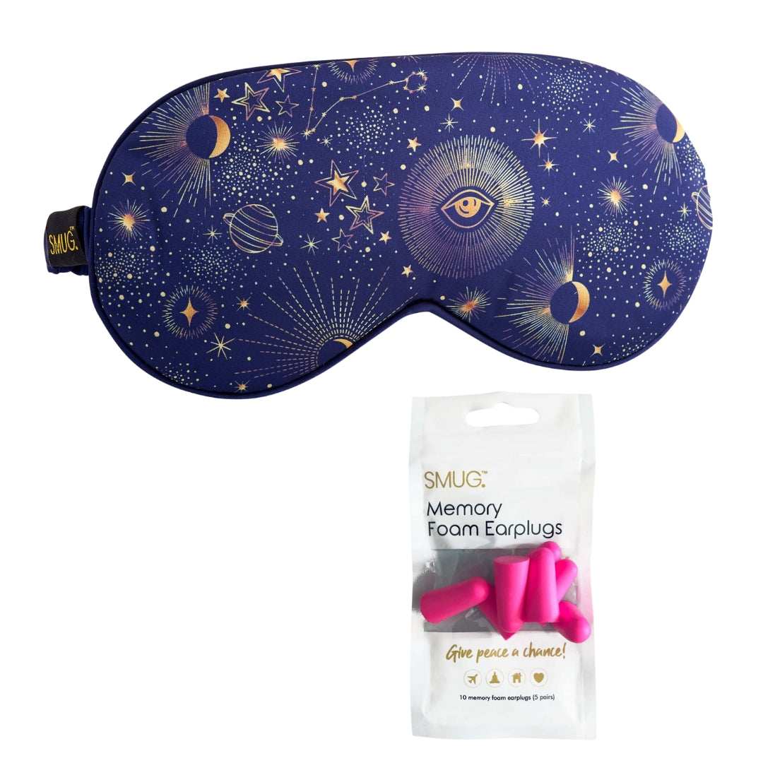 Satin Sleep Mask - Blue Celestial Sleep Mask & Pink Earplugs