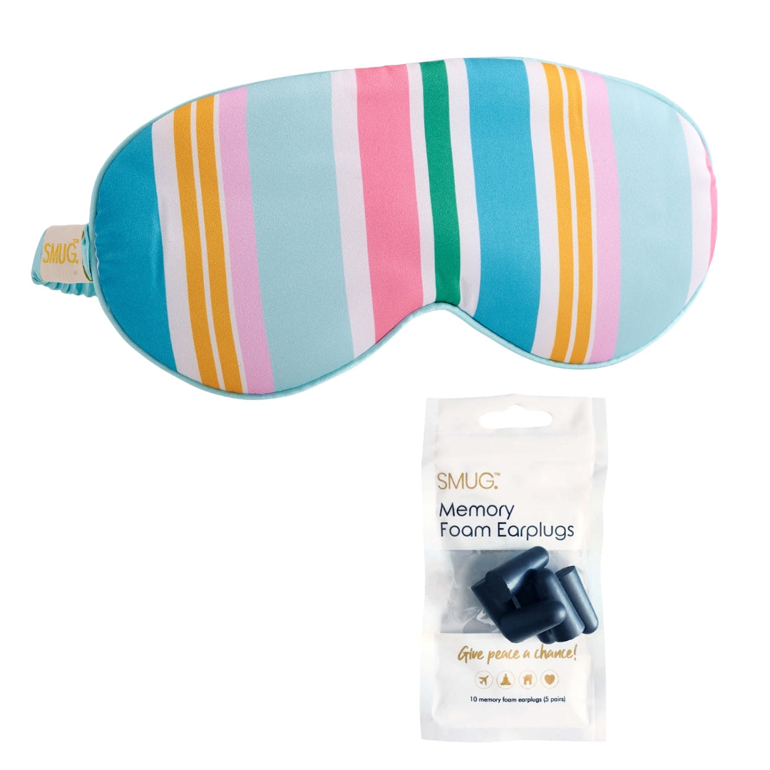 Satin Sleep Mask - Bold Stripe Print Sleep Mask & Black Earplugs
