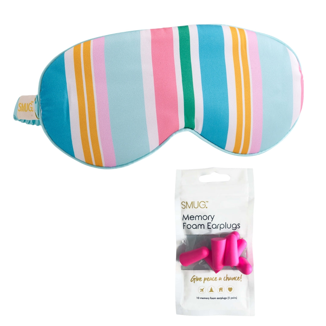 Satin Sleep Mask - Bold Stripe Print Sleep Mask & Pink Earplugs
