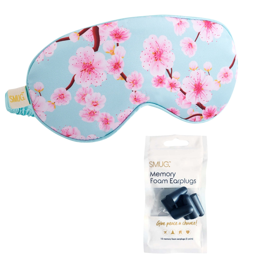 Satin Sleep Mask - Cherry Blossom Print Sleep Mask & Black Earplugs